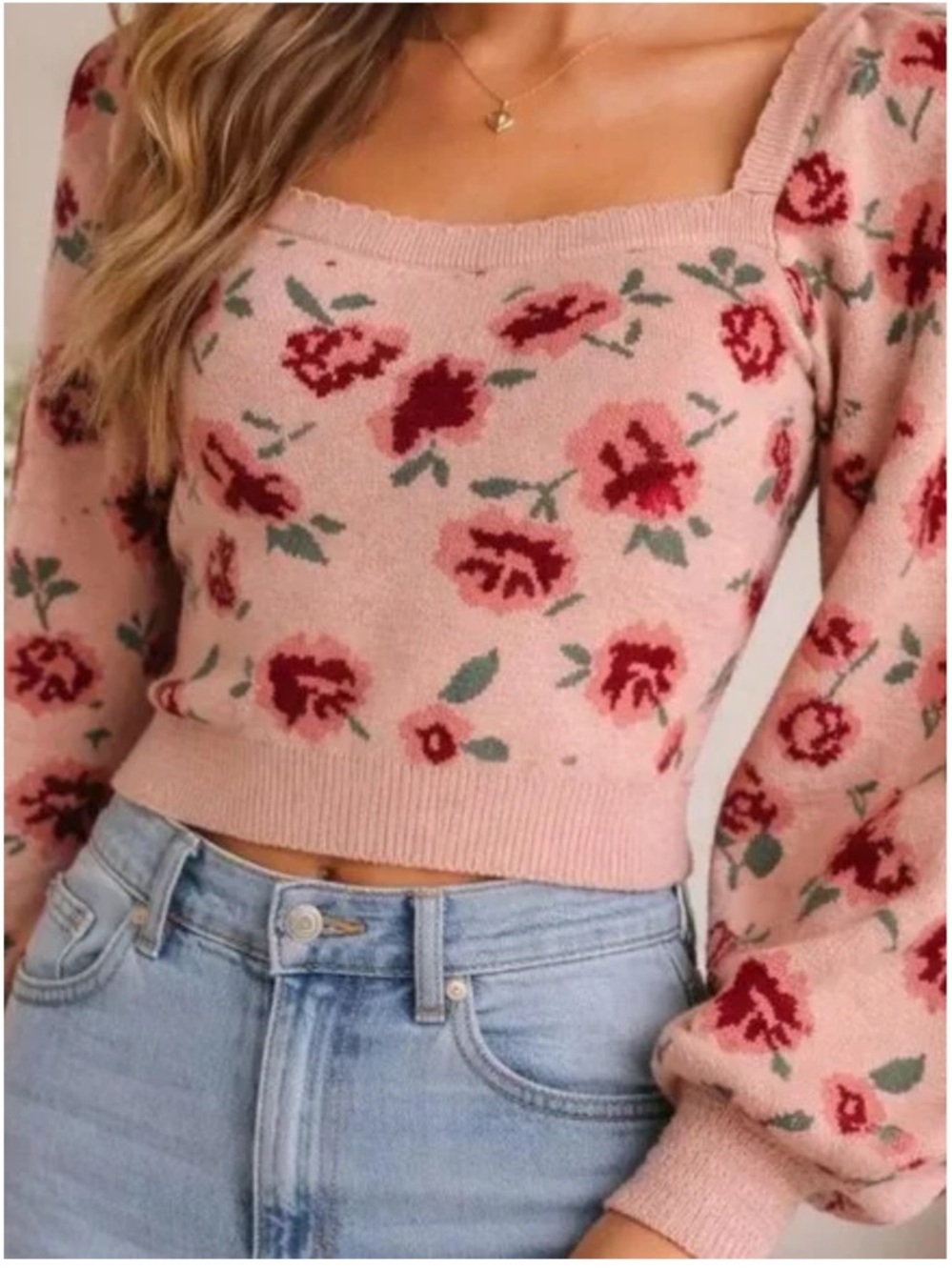 NWT Willow & Wind Floral Square Neck Cropped Sweater S